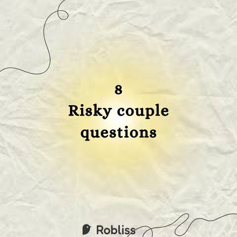 The cover image features a textured, light-colored background with a central yellow gradient. Bold, black text reads "8 Risky couple questions". The logo of "Robliss" is visible at the bottom.