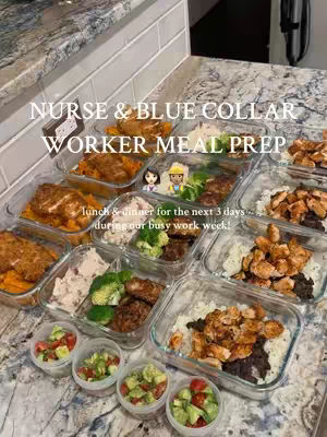 Overhead shot of several meal prep containers filled with different food items, arranged on a countertop. The containers are clear, allowing the viewer to see the contents, which include various cooked foods such as chicken, vegetables, and pasta. Small circular containers with salads sit in front of the main containers. Text overlayed at the top of the image that reads 'NURSE & BLUE COLLAR WORKER MEAL PREP'. A small illustration of a nurse with a hardhat is also added to the image.