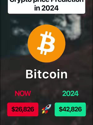 The image shows a dark background with an orange Bitcoin logo in the center. Below, it displays the word 'Bitcoin' in white. On the bottom, there are values for 'NOW' and '2024' with corresponding estimated prices, and a graphic of a rocket blasting off between them.