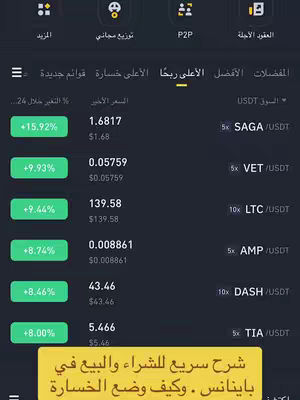The image is a screenshot of a cryptocurrency trading platform, likely Binance, with a yellow box at the bottom containing text in Arabic. The platform interface is dark with light-colored text and green accents for price increases. It displays trading pairs like SAGA/USDT, VET/USDT, and others, along with price changes in percentages. Icons for various functions are at the top. The layout is standard for financial trading interfaces.