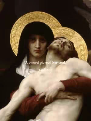 The cover image is a painting with a somber mood. It depicts two figures: a woman in a black veil, holding the lifeless body of a man. The woman has a sorrowful expression, while the man is pale and appears to be deceased. Behind them is a golden halo. A quote is overlaid on the image.