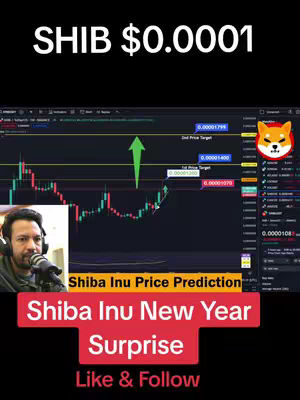 The cover image shows a split screen. On the left, a man with headphones and a microphone is looking toward the viewer. In the background, a graph showing financial data with a green arrow pointing up. White, red and green lines add to the data visualization, along with the logo from Shiba Inu and other relevant labels for a cryptocurrency trading chart.