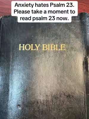 The cover image shows a close-up of a black leather-bound book, with the words "HOLY BIBLE" in gold lettering prominently displayed. A white rectangular text overlay at the top reads "Anxiety hates Psalm 23. Please take a moment to read psalm 23 now."