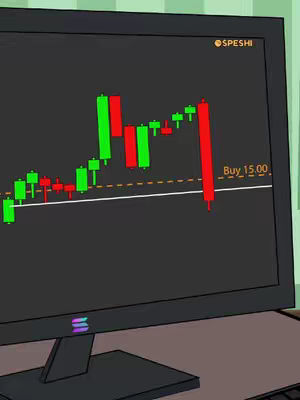 A computer monitor displays a stock market chart with green and red candlestick patterns. The chart shows a trend, and a text overlay reads "Buy 15.00". The monitor itself is on a desk, in a room setting.