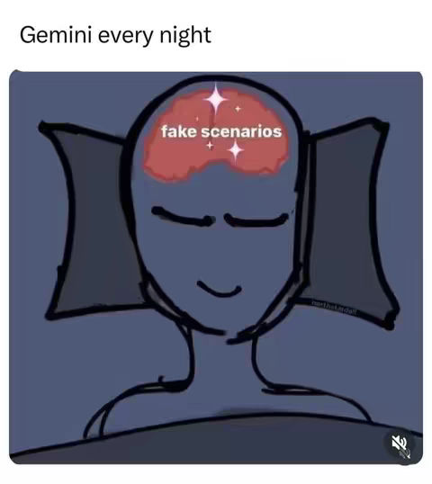 A cartoon image shows a head resting on a pillow, with eyes closed and a slight smile. Inside the head, a red brain is labeled "fake scenarios" with sparkling highlights.