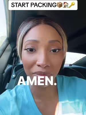 A woman is shown in a selfie-style video recording from inside a car. The hook text "START PACKING" is overlayed at the top with an emoji of a box, house, and key. The woman is looking at the camera with a neutral expression and the word "AMEN" is superimposed in a large white font near the bottom. She has light brown hair with highlighted blonde streaks. The car interior is visible and the background is a bit blurry.