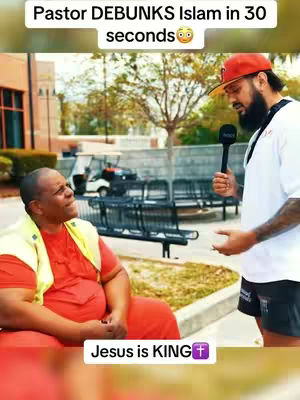 The image captures a scene of two men outside. One, dressed in a red shirt with a yellow vest, is seated. The other, wearing a red hat and white shirt is holding a microphone. A text overlay reads \"Pastor Debunks Islam in 30 seconds.\"