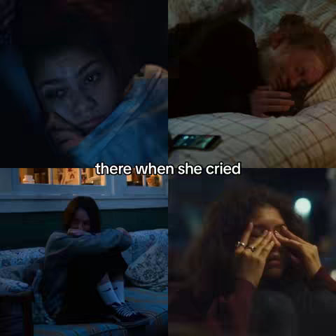 The image is a collage of four scenes from a video, likely a movie or TV show. The top left shows a person lying in bed looking up with a concerned expression. The top right shows a person lying in bed, face obscured by the pillow, possibly sleeping or crying. The bottom left shows a person sitting on a sofa indoors, head bowed, possibly distressed. The bottom right shows a close-up of a person with their hands covering their eyes. The text overlay adds to the emotional tone of the scenes, indicating a moment of vulnerability or sadness.