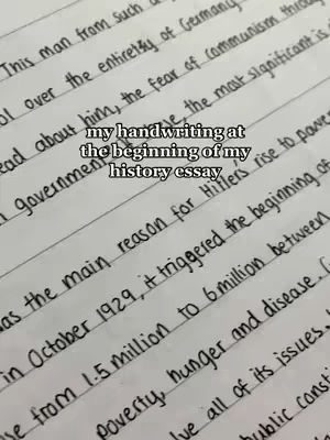 A close-up, angled shot of lined paper filled with handwritten text. The text is in black ink, slightly slanted, and appears to be part of an essay. The background is plain white paper, with visible lines. Overlay text indicates this is the beginning of a history essay.