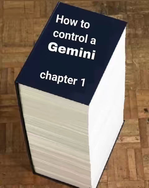 An image of a large, thick book titled "How to control a Gemini," at an angle, with the cover in dark blue and the pages a bright white, set on a wooden floor.