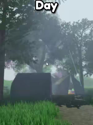 The image appears to be a screenshot from a video game, showing a daytime setting with a grassy foreground, trees, and what looks like a tent in the midground. The sky is clear, creating an overall natural environment.