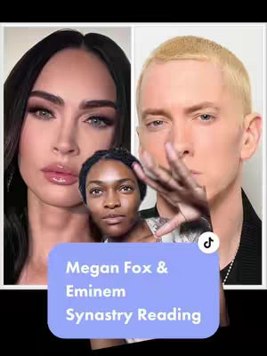 The cover image features a split composition with two celebrity faces: Megan Fox on the left and Eminem on the right. Between them is a person, likely the creator, with a hand placed as if gesturing or reacting. A light-blue rectangle overlay contains the text "Megan Fox & Eminem Synastry Reading". The background is simple, isolating the subjects and text.