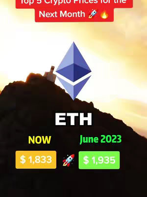 The image shows a stylized representation of the Ethereum logo set against a mountain silhouette at sunset. Above, a red banner boasts "Top 5 Crypto Prices for the Next Month", accompanied by fire and rocket emojis. Below the logo, the text "ETH" is prominently displayed. Additional text reveals current and projected values: "NOW $1,833", and "June 2023 $1,935".