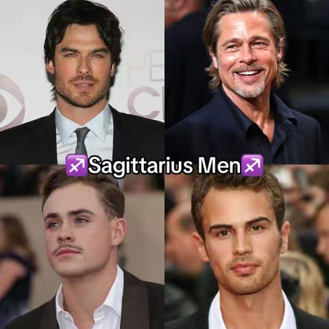 A composite image featuring four different male celebrities or public figures. The image is divided into four quadrants, each showcasing a headshot of a man. Overlayed with the text 'Sagittarius Men' and a Sagittarius symbol.