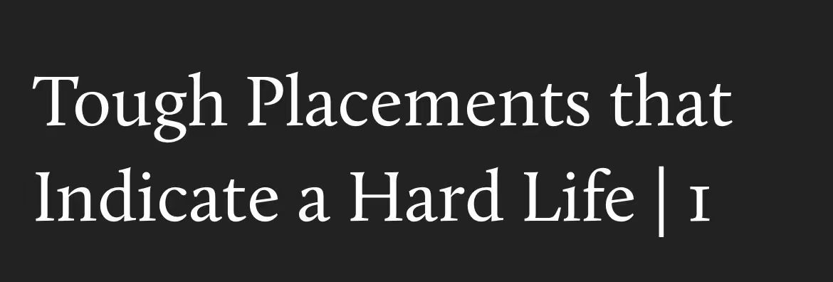 The cover image features the text overlayed on a solid black background. The text reads: "Tough Placements that Indicate a Hard Life | I". The text is white and appears in a clean, sans-serif font.