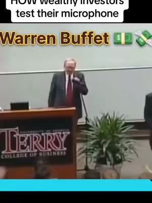The cover image shows Warren Buffett speaking at a podium. Above him, textual overlay reads 'HOW wealthy investors test their microphone' and 'Warren Buffett' in bold font. Behind him is a bright white wall. Part of a business-related logo is featured on the podium. The composition is straightforward, capturing a moment from a public speaking engagement.