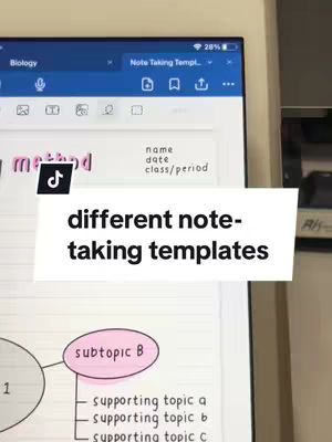 A tablet screen displays study notes with various templates. A white rectangle with black text, and a TikTok logo are overlaid on the screen.