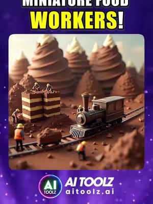 A digitally created image depicts a whimsical miniature world scene. Dominating the background are large, cone-shaped structures resembling chocolate soft serve ice cream, with white frosting peaks. In the foreground, a stylized train on tracks traverses a landscape crafted from chocolate-like material. Miniature figures, presumably workers, are positioned around the train and a rectangular structure that resembles a layered cake made from chocolate and vanilla. The figures wear construction attire. The overall color palette is brown, chocolate, and cream. The layout is playful with a shallow depth of field, suggesting a toy world.