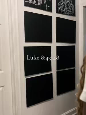 The cover image shows a modern hallway with a white wall, adorned with multiple black square panels. The panels are arranged geometrically, with the text "Luke 8:43-48" superimposed in a clean white font.