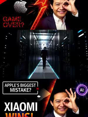 The cover image is a three-part composite set against a dark background. The top portion features a stylized Apple logo overlaid on a red lightning bolt, with text that reads "GAME OVER?". Below this is a vertical rectangular framed shot of a person in a suit walking down a server hallway. The bottom portion mirrors the top, showing the same man making an 'ok' gesture with one eye, a logo and tagline reading 'Apple's Biggest Mistake?, Xiaomi Wins!; and also contains text 'Ai:', and shows the man's eye. The overall composition uses bold, contrasting colors and fonts to capture immediate attention.