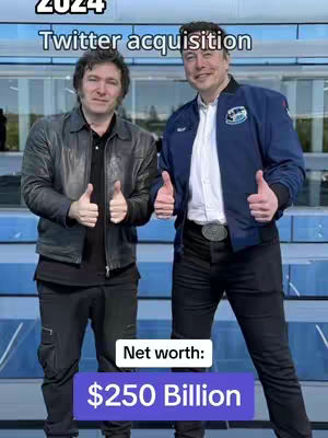 The image shows two men, one on the left in a black leather jacket and the one on the right in a blue jacket, both giving a thumbs up signal in front of a glass building. Text overlays include the year 2024 and 'Twitter Acquisition' on the top and 'Net worth: $250 Billion' at the bottom.