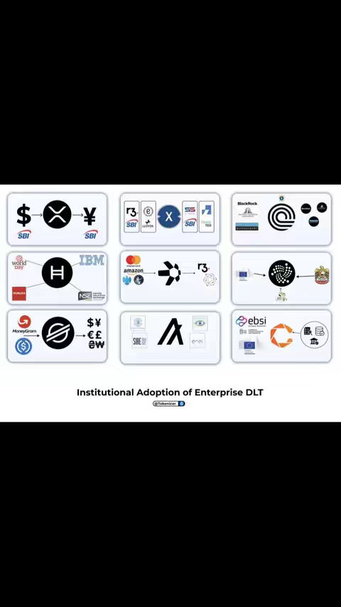 The cover image presents a grid layout showcasing various blockchain implementations visually. Each cell contains logos and symbols representing different financial or technological entities, such as banks, payment processors, and blockchain platforms. At the bottom is the title text.