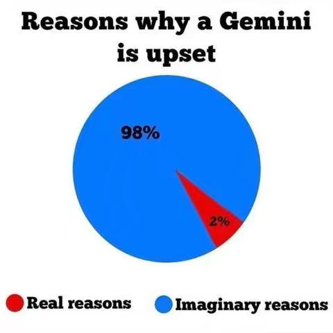 A pie chart with a large blue section (98%) and a small red section (2%). The text above reads: "Reasons why a Gemini is upset". Below the chart, it says "Real reasons" for red and "Imaginary reasons" for blue.