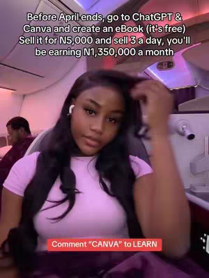 A woman sits inside what appears to be an airplane, looking at the camera. Text overlays are present throughout the image, and the woman has long, dark hair and is wearing a pink shirt and earbuds.