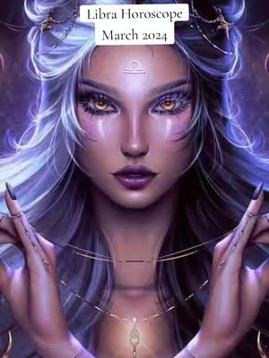 A digital illustration of a woman with light skin, long silver-white hair, and purple makeup, styled with an ethereal and astrological theme. She wears a crown of gold and holds golden strands in her hands. Above her forehead is a Libra symbol. The background is a blend of purples.