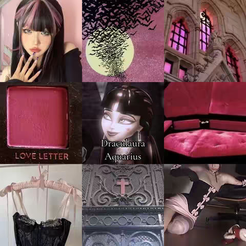 A collage-style cover image featuring various elements. The top left shows a young woman with pink-streaked hair and makeup. Other sections display images of bats against a moon, gothic architecture with pink lighting, a lipstick palette, a smiling animated character, a velvet backdrop, a corset with a hanger, and a decorated stone doorway.
