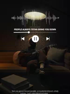 The cover image features a person playing a guitar while seated on a couch. The scene is dimly lit, with a soft light source illuminating the top center. A graphic of a sound wave appears above the musician, and text overlays include lyrics.