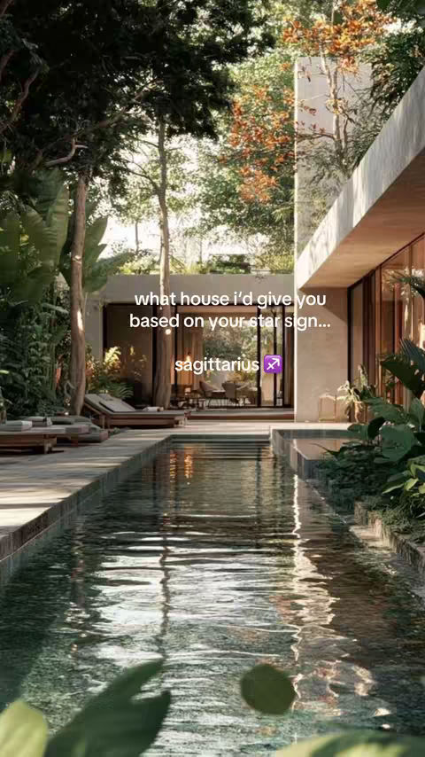 The cover image presents a serene outdoor scene with a modern house featuring a pool and lush greenery. A body of water extends towards the viewer, reflecting the clear sky and the house's facade. The house showcases glass walls, offering a glimpse of the interior, with lounge chairs visible inside. The composition is symmetrical, with natural elements framing the architecture, creating a tranquil atmosphere.