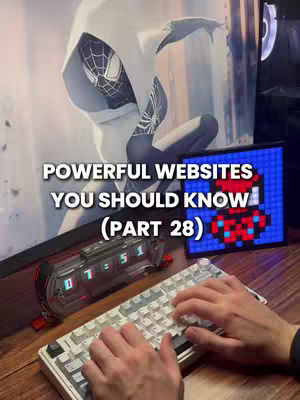 The cover image displays a computer setup, a keyboard and screen with a spiderman like character. The text overlay reads "POWERFUL WEBSITES YOU SHOULD KNOW (PART 28)". The scene is well lit.
