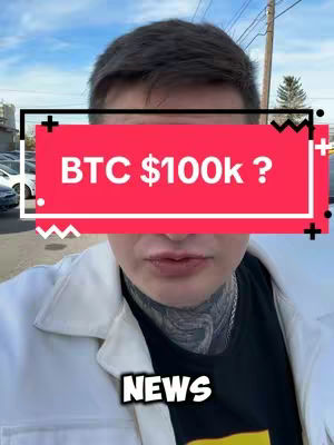 A selfie-style shot featuring a man with dark hair, a black t-shirt, and a white jacket. A red rectangular overlay with the text 'BTC $100k ?' obscures the upper half of his face. Below, a black rectangular overlay reads 'NEWS'. The background is a blurred outdoor setting with a few cars visible.