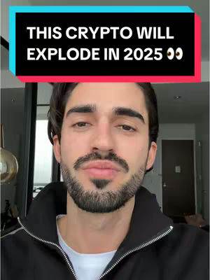 A man with a trimmed beard and dark hair is centered in the frame, looking towards the camera. He is wearing a dark jacket. Above him is a black rectangular bar with white text in a sans-serif font that reads, "THIS CRYPTO WILL EXPLODE IN 2025 π". The background is out of focus.