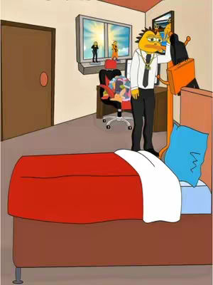 An animated cartoon image of a room interior dominated by warm colors, centered around a bed draped in a red comforter. A cartoon character with a yellow bird head is standing near the bed in a suit holding a briefcase. Behind the bed, there is a window that simulates a screen with figurines of two people projected inside. Other elements include a desk, a chair, and a door. The color palette is dominated by browns, reds, white, and yellows for a vibrant appearance.