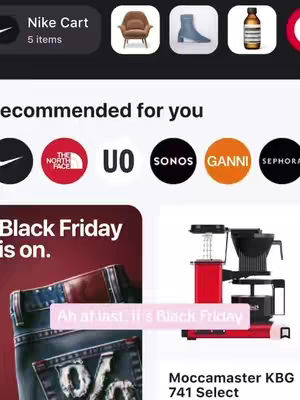 The image is a screenshot of a Klarna app. It features a display of multiple product icons and a background that is a combination of dark red and app elements. A pink rectangular box with text overlays some product details. It shows various product images and brand logos.