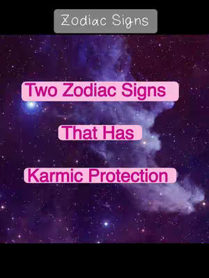 The cover image features a purple nebula background filled with stars. Overlaid on this is a series of rectangular text boxes. The top box reads 'Zodiac Signs' in a light grey. Below this, in pink boxes, are the phrases 'Two Zodiac Signs,' followed by 'That Has,' and finally, 'Karmic Protection.'