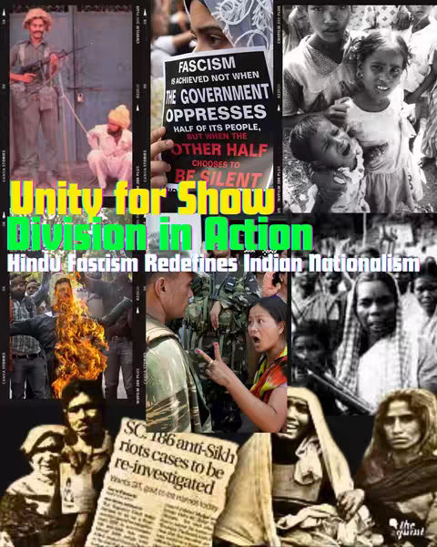 A collage-style image composed of multiple photographs. The central focus is a person holding a sign that reads "FASCISM IS ACHIEVED NOT WHEN THE GOVERNMENT OPPRESSES HALF OF ITS PEOPLE, BUT WHEN THE OTHER HALF CHOOSES TO BE SILENT”. The image is divided into sections, displaying various individuals and scenes that seem to represent different aspects of the message, include images of historical or political incidents.