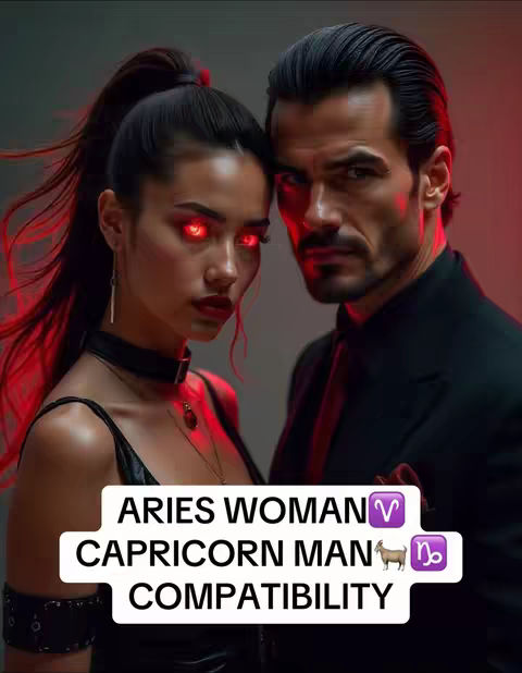 An AI-generated image featuring a woman with red glowing eyes and a man looking at the viewer, set against a gradient background. The woman is on the left, with a dark top, and the man is on the right, in a black suit. Text on the bottom of the image describes the pairing as Aries Woman and Capricorn Man.