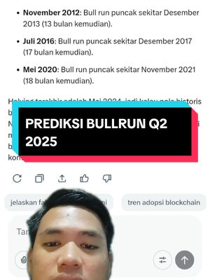 The cover image shows a man's face in the foreground, with a white background. On the background, there is a screenshot with the title "PREDIKSI BULLRUN Q2 2025".