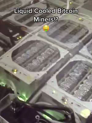 The cover image shows a close-up view of several liquid-cooled Bitcoin mining rigs. The rigs are arranged in a grid-like pattern and appear to be made of metal with a focus on the cooling elements. Written in white near the top of the frame is the hook text. A green-faced emoji with dollar signs for eyes appears at the end of the hook text.