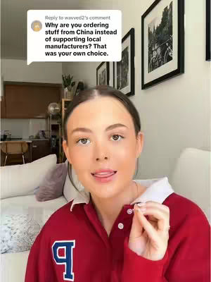 A woman in a red shirt with a white collar is in front of a backdrop. The caption is from a comment on the same social media platform, which says, "Why are you ordering stuff from China instead of supporting local manufacturers? That was your own choice."