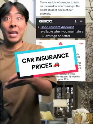 A man with a surprised expression gestures toward a display with a text overlay that reads 'CAR INSURANCE PRICES.' Background elements include a blurred interior living space with furniture and decor, and text above about insurance benefits is also presented.