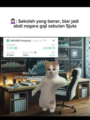 The image shows a meme featuring a white cat character with its arms outstretched, standing in an office setting. The background includes computer screens displaying financial charts and indicators, the cat has a surprised face, looking at data shown on the screen. The image is overlaid with text in both English and Indonesian.