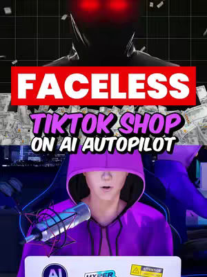 A futuristic image with two overlaid figures against a dark, tech-inspired background. At the top is a shadowy, hooded figure with glowing red eyes. Below, a digitally rendered person wearing a purple hoodie, gaming chair, with a microphone at the center. Overlaid are text blocks touting 'FACELSS TIKTOK SHOP ON AI AUTOPILOT'.