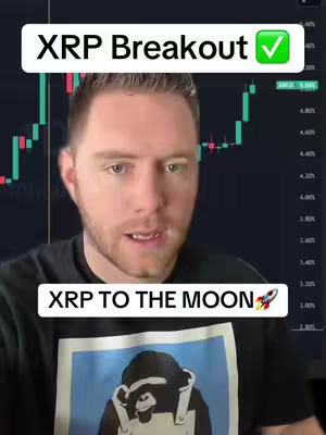 A selfie-style video cover featuring a man in a black shirt with text overlays. Behind him is a stock chart. The man has short brown hair and is looking at the camera. There are two text boxes, one above, that reads "XRP Breakout" with a green checkmark and one below saying "XRP TO THE MOON" with a rocket emoji.