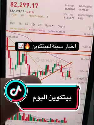 The cover image displays a smartphone screen showing a cryptocurrency trading chart, with red and green candlesticks. Two text overlays are added: one with the title 'Bitcoin Today' in white, and another in red with two words, 'bad news' in Arabic. A TikTok logo is placed on the screen. The overall composition is focused on a dynamic, data-driven, and financial context.