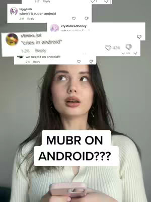 A young woman with dark hair and a cream-colored sweater holds a pink phone, looking up with a slightly surprised expression. Floating above, overlaid on the image, are several speech bubbles with text, set against a soft, neutral background. A large white rectangle with black text is placed centrally, below the woman’s face.