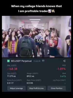 The image shows a scene from a school hallway. A young man with a backpack is walking away from the camera, surrounded by students. Overlaid at the bottom is a financial trading interface displaying live trading data, including PNL and other metrics. Text overlays describe the scene and financial context.